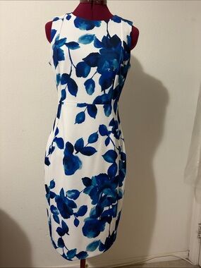 Calvin Klein size 6 floral lined sleeveless white and blue dress Made in Vietnam